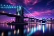 Iconic Brooklyn Bridge in New York adorned with a purple and blue hue. Captivating and vibrant cityscape. Generative AI