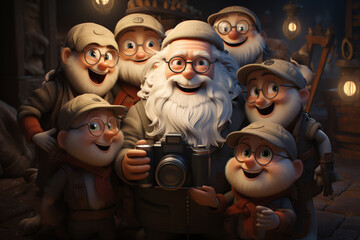 Poster - a cute cartoon of santa claus taking a selfie with a group of animated holiday characters. generativ