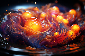Leinwandbilder - A vibrant abstract background with swirling patterns and glowing orbs, symbolizing new beginnings and possibilities.  Generative AI technology.