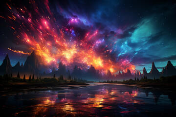 Aufkleber - Abstract firework trails in vivid hues, illuminating the sky with excitement and joy for the New Year.  Generative AI technology.