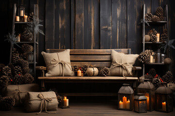 Aufkleber - A rustic Christmas background with wooden textures, burlap ribbons, and pinecones, evoking a warm and inviting atmosphere.  Generative AI technology.