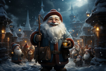 Poster - A whimsical Christmas background featuring cartoon-style characters like Santa Claus, elves, and snowmen.  Generative AI technology.