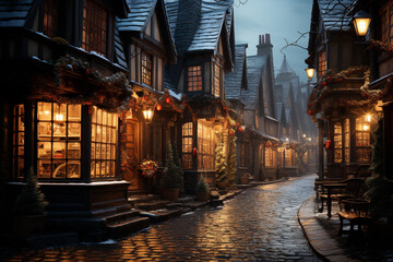 Aufkleber - A festive Christmas market scene with stalls selling gifts, ornaments, and holiday treats.  Generative AI technology.