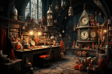 Fototapete - a joyful christmas background with santa's workshop and busy elves preparing gifts for children. gen