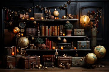 Aufkleber - A nostalgic Christmas background with vintage toys, old books, and antique decorations.  Generative AI technology.