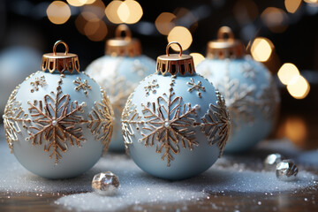 Poster - A shimmering silver and white Christmas background with elegant snowflakes and ornaments.  Generative AI technology.