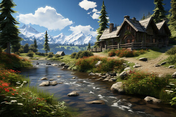 Poster - A peaceful and serene countryside scene with a cozy cabin, representing a fresh start in nature.  Generative AI technology.