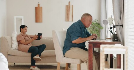 Wall Mural - Laptop, tablet or senior couple technology, research online pension fund or review home account info in living room. Elderly man, old woman or marriage people typing, reading or check retirement plan