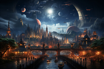 Leinwandbilder - A futuristic cityscape with holographic fireworks and flying cars celebrating the New Year.  Generative AI technology.