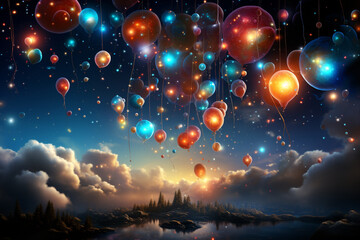 Leinwandbilder - A dreamy and surreal New Year background with floating balloons and stars.  Generative AI technology.