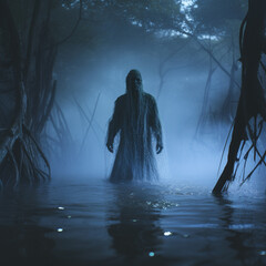 Poster - A ghostly figure emerging from a foggy swamp with eerie blue lights. Generative AI technology.