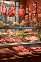 Aufkleber - An image of a butcher's counter with an array of specialty meats, such as game meats or exotic cuts, catering to diverse culinary tastes.  Generative AI technology.