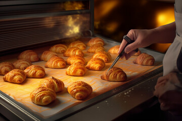 Aufkleber -  A confectioner expertly rolling and shaping dough for homemade croissants or Danish pastries, capturing the art of laminated pastry making. Generative AI technology.