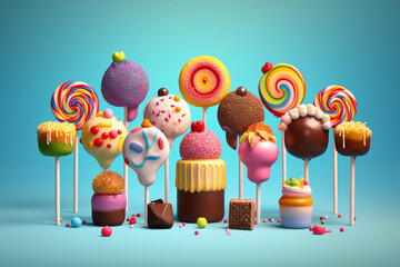 Poster -  An assortment of colorful and whimsical cake pops, showcasing the confectioner's ability to transform simple cake into fun and bite-sized treats.  Generative AI technology.