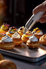 Poster -  An image of a confectioner piping cream filling into freshly baked éclairs or cream puffs, illustrating the art of creating light and delicate pastry shells.  Generative AI technology.