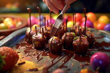 Aufkleber -  A confectioner carefully drizzling melted chocolate over a batch of freshly made truffles or chocolate-covered fruits.  Generative AI technology.