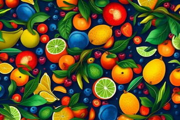 Poster -  An abstract print or pattern design featuring stylized and geometric fruit motifs, with bold and contrasting colors,  Generative AI technology.