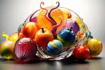 Poster - An abstract glass blowing artwork that incorporates fruit-inspired elements, with vibrant colors, swirling patterns, and unique shapes,  Generative AI technology.