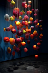 Fototapete -  An abstract installation artwork that uses suspended or floating fruit-like objects, combining materials like wire, fabric,  Generative AI technology.