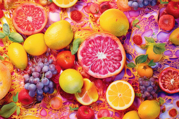 Aufkleber -  An abstract textile artwork created through techniques like batik or tie-dye, featuring fruit-inspired patterns and motifs,  Generative AI technology.