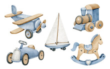 Kids Toys.Watercolor Vintage Transport:car,train,plane,ship,horse.Little Boy's Toys.Wooden Transport Models.It's A Boy.Baby Shower.Childhood