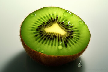 Poster -  A close-up photograph of a sliced kiwi, revealing its vibrant green flesh speckled with tiny black seeds.  Generative AI technology.