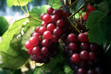 Poster -  An image of a bunch of red grapes on a vine, with the leaves surrounding them, creating a natural and organic composition. Generative AI technology.