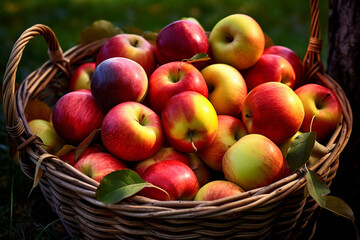 Aufkleber -  An artistic depiction of a basket filled with freshly picked apples, showcasing their various colors and sizes, Generative AI technology.