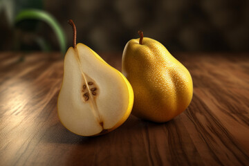 Aufkleber -  An image of a sliced, ripe pear, showcasing its smooth skin and juicy, sweet flesh.  Generative AI technology.