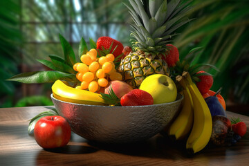 Aufkleber -  A photograph of a bowl filled with assorted tropical fruits, such as mangoes, pineapples, and bananas,  Generative AI technology.