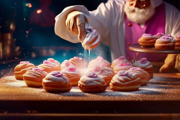 Aufkleber -  An image of a baker sprinkling powdered sugar over a batch of freshly baked donuts, creating a whimsical and mouthwatering visual.  Generative AI technology.