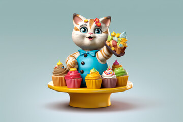 Leinwandbilder -  A cute ceramic figurine featuring a cat baker holding a tray of freshly baked cupcakes or pastries. Generative AI technology.