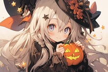 Cute Anime Girl With Long White Hair Holding Carved Pumpkin For Halloween. Generated Ai