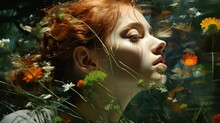 Close-Up Portrait Of A Fictional Beautiful Redhead Woman Under Water. Digital Painting. Generative AI Illustration. 