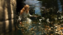 A Fictional Beautiful Woman In A Derss Picking Up Flowers In A Lake. Realistic Digital Painting Generative AI Illustration.
