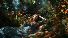 A Beautiful Ginger Woman Wearing An Elegant Dress Laying And Sleeping In The Grass. Realistic Digital Painting. Generative AI Illustration.