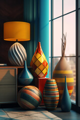 Fototapete - A set of geometric-themed home decor items for a gentleman's space, including vases, lamps, and wall art,  Generative AI technology.