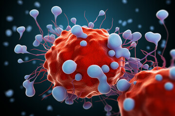 Poster - Depicting cancerous cells invading and attacking healthy brain tissue, showing the destructive nature of brain cancer. Generative AI technology.