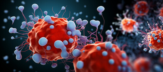 Poster - Depicting cancerous cells invading and attacking healthy brain tissue, showing the destructive nature of brain cancer. Generative AI technology.