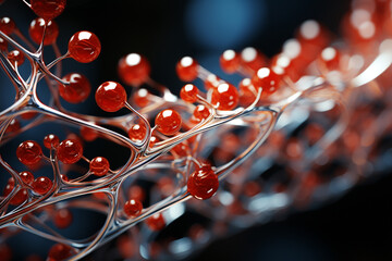 Poster - DNA molecule red white spheres wave square, with creative spheres bubble. Generative AI technology.