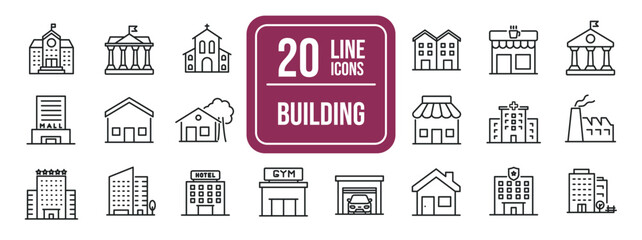building simple minimal thin line icons. related skyscrapers, church, museum, school. editable strok