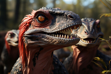 Poster - He playful interaction between a group of Velociraptor, showcasing their social dynamics and vigilant nature.  Generative AI technology.