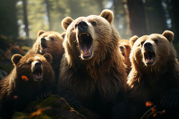 Poster - He playful interaction between a group of Bear, showcasing their social dynamics and vigilant nature.  Generative AI technology.