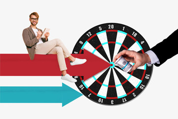 Aufkleber - Creative business template collage of entrepreneur guy writing copybook sitting on arrows direction to progress earnings win