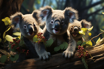 Poster - He playful interaction between a group of Koala, showcasing their social dynamics and vigilant nature.  Generative AI technology.