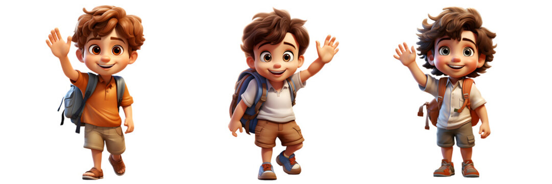 Cut out set of cartoon character boys waving hello, collection of cute children isolated on transparent background, happy schoolboy gesture, 3d rendering style, ai generated