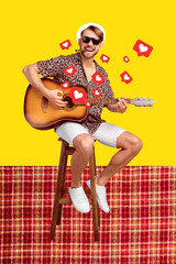 Fototapete - Creative template collage of cool guy tourist playing acoustic guitar share on instagram facebook receive many likes