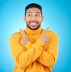 Aufkleber - Smile, asian man and hand pointing to studio for news, deal or discount or how to guide on blue background. Happy, choice and male show timeline, checklist or direction, coming soon or sign up info