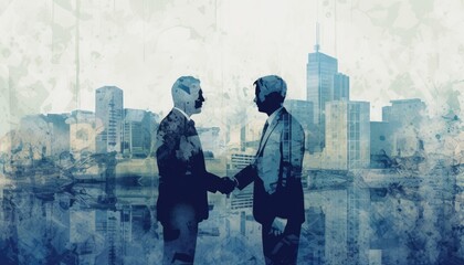 Wall Mural - Silhouette business people shaking hands, Double exposure, Cityscape. Illustration