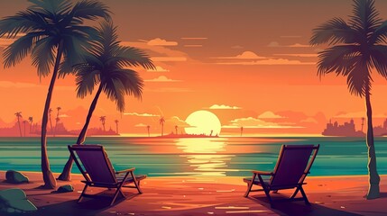 Wall Mural - abstract background sunset on the beach. the serene beauty of a beach sunset in orange illustration 